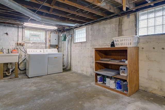 668 Enfield Rd, Columbus, OH 43209 - basement featuring washing machine and dryer, electric panel, and a sink