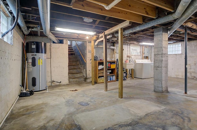 668 Enfield Rd, Columbus, OH 43209 - basement with hybrid water heater, washing machine and clothes dryer, stairway, and electric panel