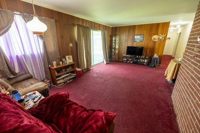 living area with ornamental molding, wood walls, and carpet