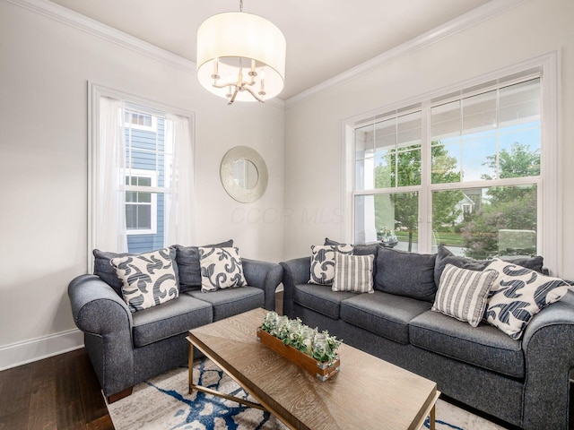living area featuring ornamental molding, baseboards, plenty of natural light, and wood finished floors