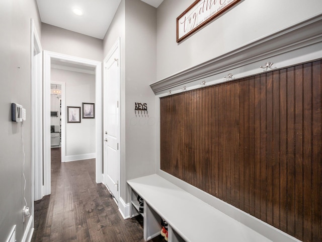 mudroom featuring dark wood finished floors, visible vents, and baseboards