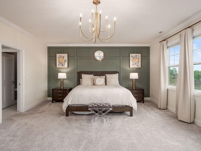 bedroom with an inviting chandelier, light carpet, baseboards, and ornamental molding