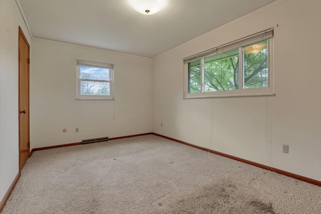 spare room featuring carpet flooring, ornamental molding, and baseboards