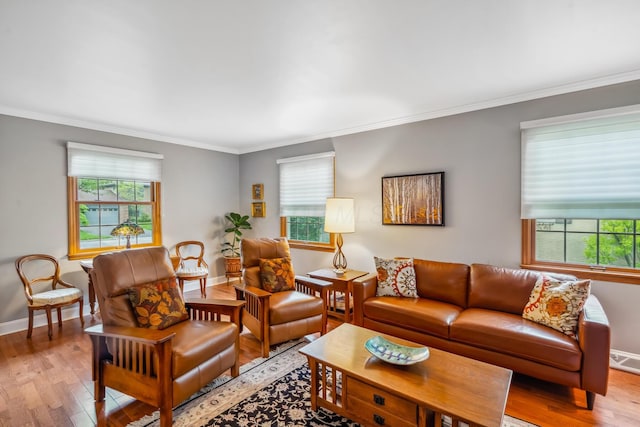 living area with wood finished floors, healthy amount of natural light, ornamental molding, and baseboards