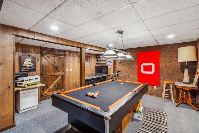 playroom featuring carpet flooring, billiards table, a paneled ceiling, wood walls, and recessed lighting