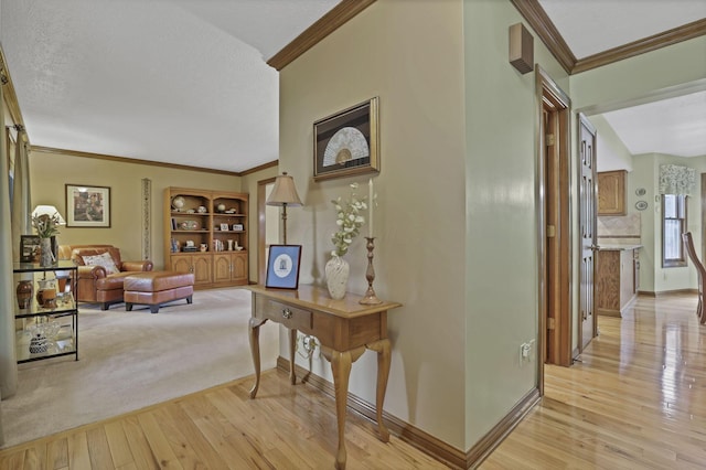 7689 Godfrey Cir, Reynoldsburg, OH 43068 - hallway with crown molding and light wood-style floors