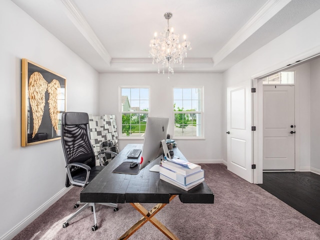 757 Avebury Dr, Pickerington, OH 43147 - home office with crown molding, a chandelier, baseboards, a tray ceiling, and carpet floors