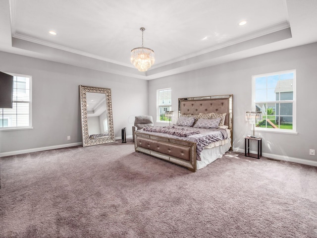 757 Avebury Dr, Pickerington, OH 43147 - bedroom with a raised ceiling, crown molding, baseboards, a chandelier, and carpet