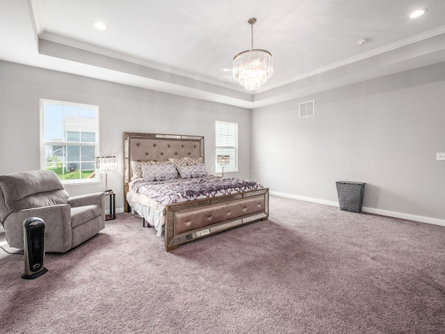 757 Avebury Dr, Pickerington, OH 43147 - bedroom featuring a tray ceiling, crown molding, a chandelier, carpet floors, and recessed lighting