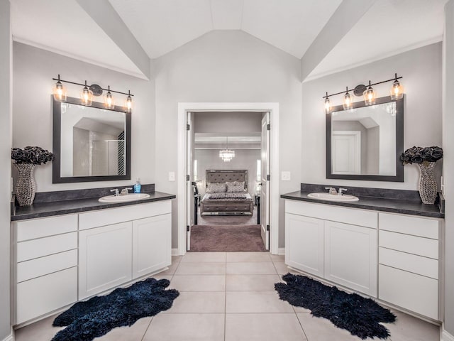 757 Avebury Dr, Pickerington, OH 43147 - full bath with tile patterned floors, ensuite bath, lofted ceiling, a shower, and two vanities