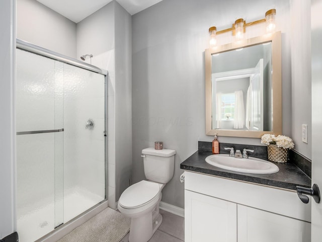 757 Avebury Dr, Pickerington, OH 43147 - full bathroom featuring a stall shower, toilet, vanity, baseboards, and tile patterned floors
