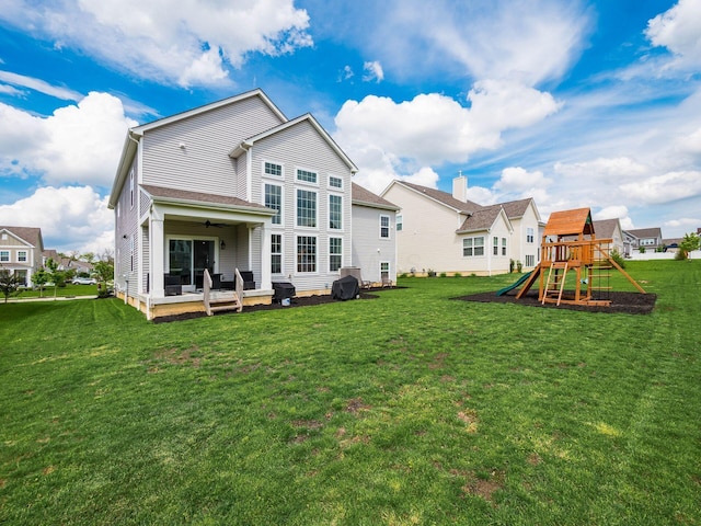 757 Avebury Dr, Pickerington, OH 43147 - back of house featuring a playground, a ceiling fan, a yard, and a patio