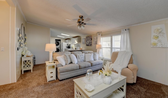 2011 Bluffstone Ct, Grove City, OH 43123 - carpeted living room featuring ceiling fan, ornamental molding, stacked washer / drying machine, and a textured ceiling