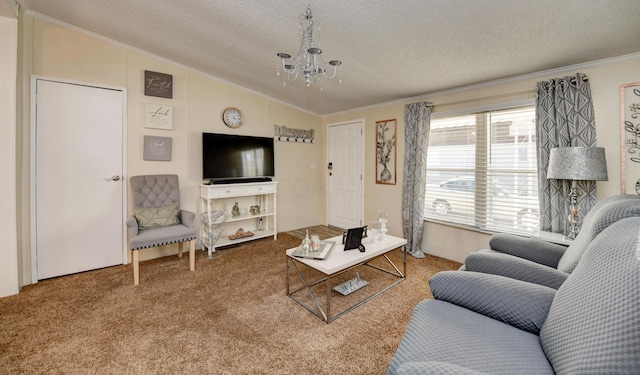2011 Bluffstone Ct, Grove City, OH 43123 - carpeted living room featuring vaulted ceiling, a textured ceiling, a chandelier, and ornamental molding