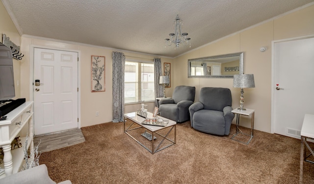 2011 Bluffstone Ct, Grove City, OH 43123 - carpeted living room with vaulted ceiling, crown molding, a textured ceiling, and visible vents