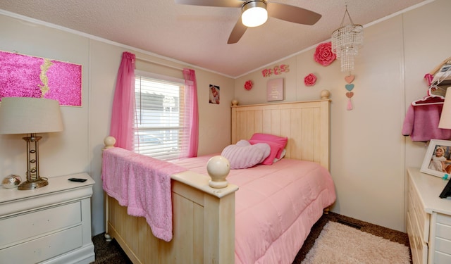 2011 Bluffstone Ct, Grove City, OH 43123 - carpeted bedroom with ornamental molding, ceiling fan, and a textured ceiling