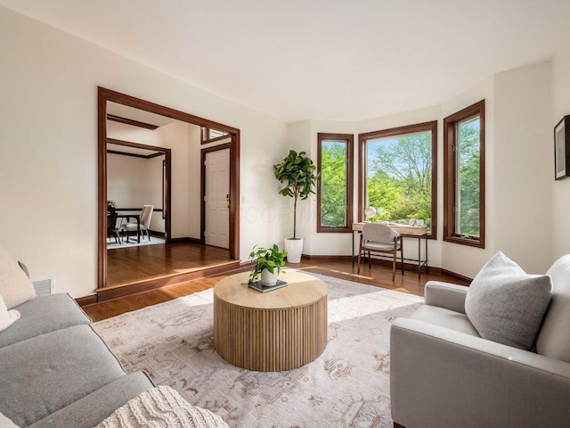 living area with visible vents, wood finished floors, and baseboards