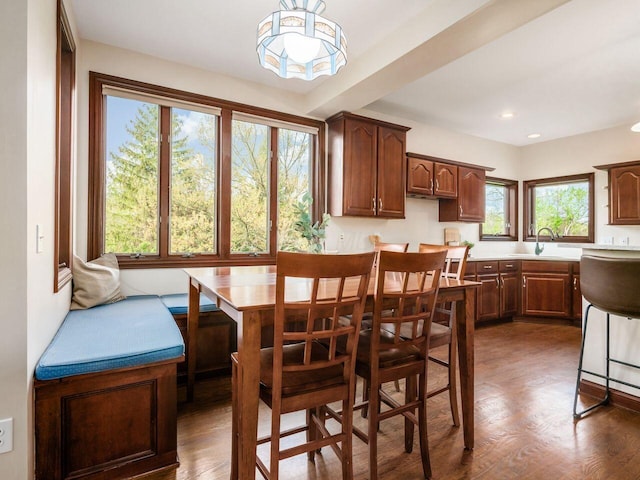 dining space featuring dark wood-style flooring and recessed lighting