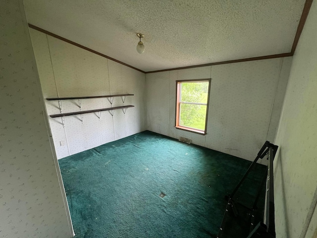 256 Mudswitch Rd, Martinsville, OH 45146 - empty room with crown molding, a textured ceiling, vaulted ceiling, and dark carpet