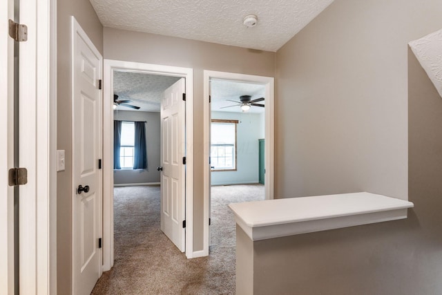 hall with carpet flooring, a textured ceiling, and baseboards