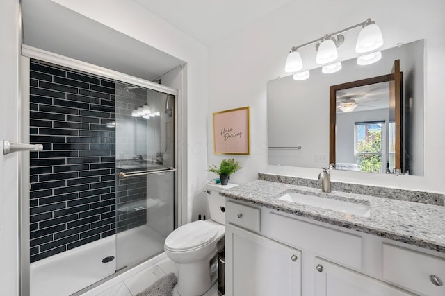 4216 Chaucer Ln, Columbus, OH 43220 - full bathroom with vanity, toilet, a stall shower, and ceiling fan