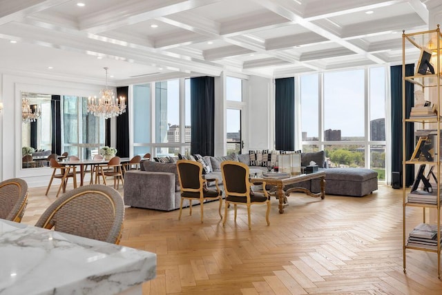 250 W Spring St Unit 1114, Columbus, OH 43215 - living area with a chandelier, coffered ceiling, beamed ceiling, a wall of windows, and recessed lighting