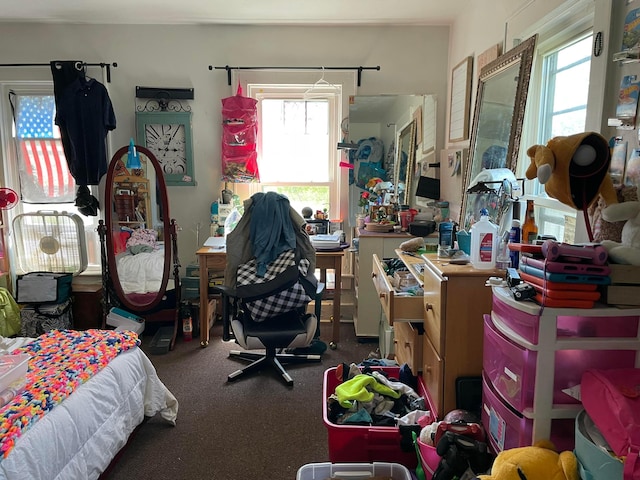 carpeted bedroom featuring multiple windows