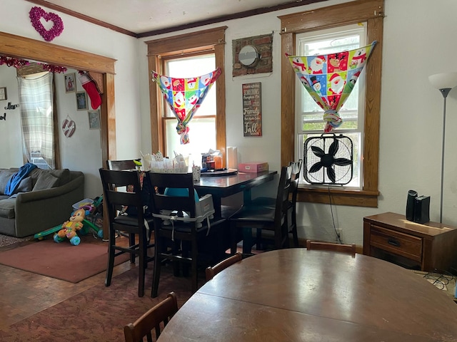 dining room featuring ornamental molding and a wealth of natural light