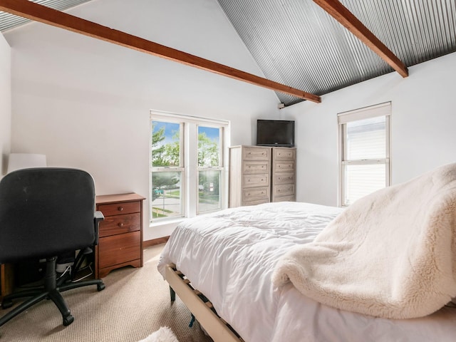 bedroom featuring light carpet, beamed ceiling, and high vaulted ceiling