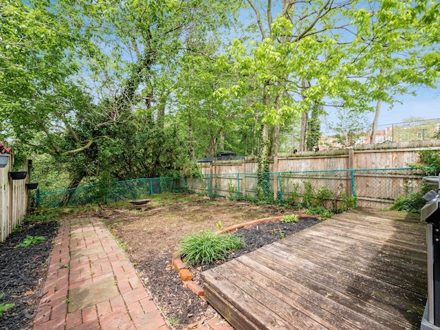 view of yard featuring a wooden deck and a fenced backyard