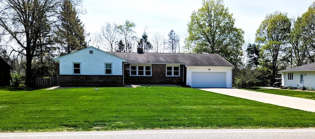 ranch-style home with an attached garage, concrete driveway, a front lawn, and a chimney