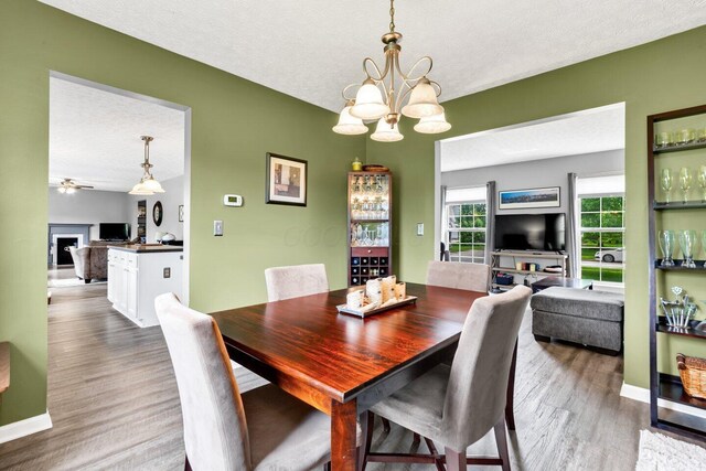 dining area featuring a textured ceiling, baseboards, wood finished floors, and a fireplace
