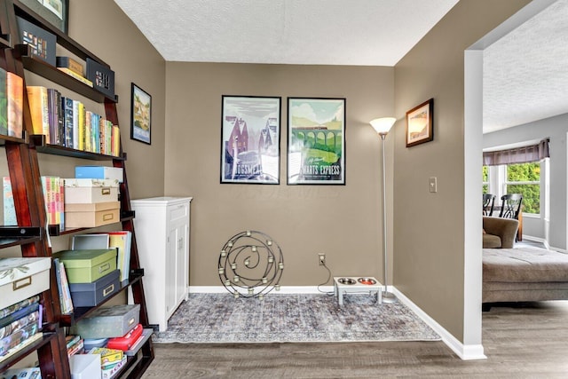 interior space featuring a textured ceiling, wood finished floors, and baseboards