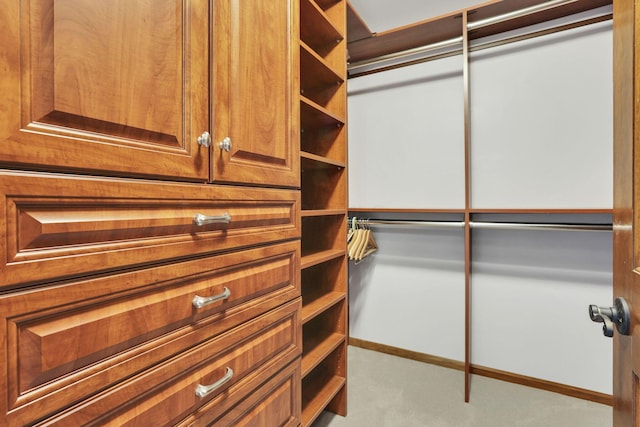 walk in closet featuring carpet flooring