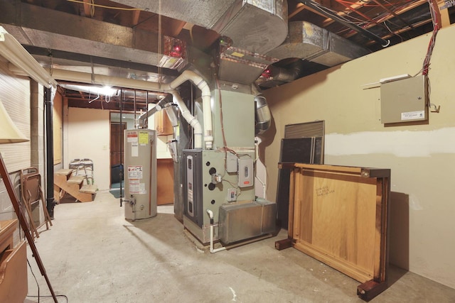 unfinished below grade area with water heater, heating unit, and electric panel