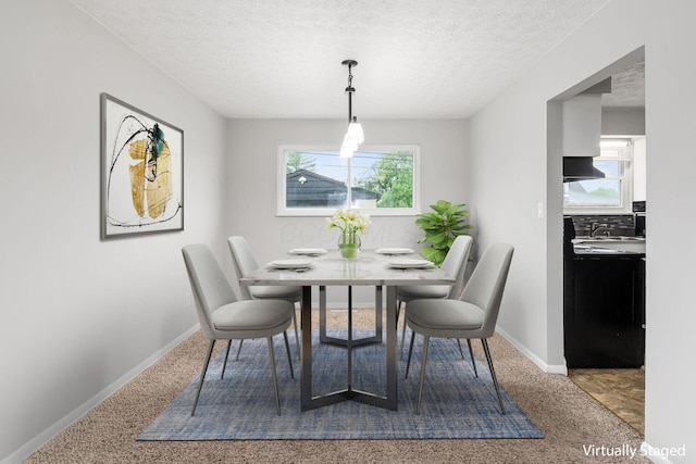 carpeted dining space with a textured ceiling, a wealth of natural light, and baseboards