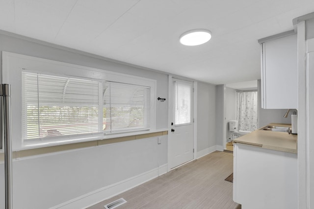 kitchen with light wood-type flooring, a healthy amount of sunlight, visible vents, and a sink