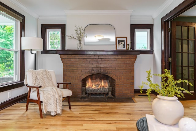 24 Brighton Rd, Columbus, OH 43202 - sitting room featuring wood finished floors, a fireplace, crown molding, and baseboards