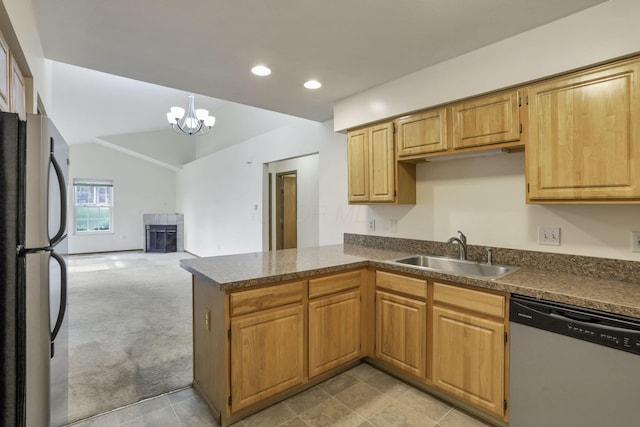 6010 Acropolis Way, Columbus, OH 43231 - kitchen featuring appliances with stainless steel finishes, a sink, dark countertops, a peninsula, and recessed lighting