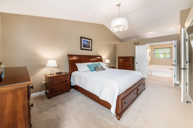 bedroom featuring light carpet, baseboards, and vaulted ceiling