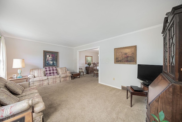 living room featuring carpet, crown molding, and baseboards