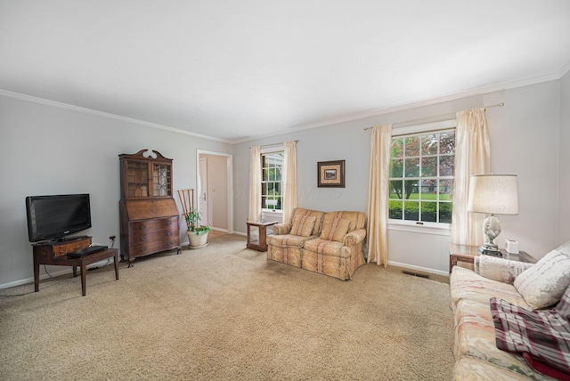 living room with crown molding, light colored carpet, and baseboards