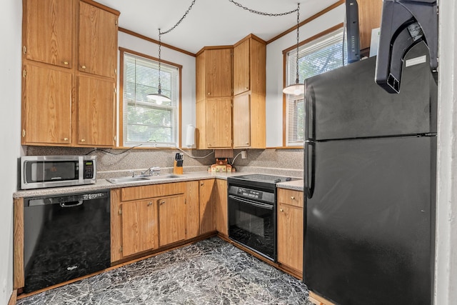 1205 Bryden Rd Unit 7, Columbus, OH 43205 - kitchen with black appliances, a sink, ornamental molding, backsplash, and light countertops