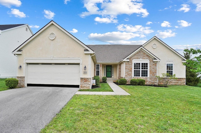 view of front of property with stone siding, stucco siding, driveway, and a front yard