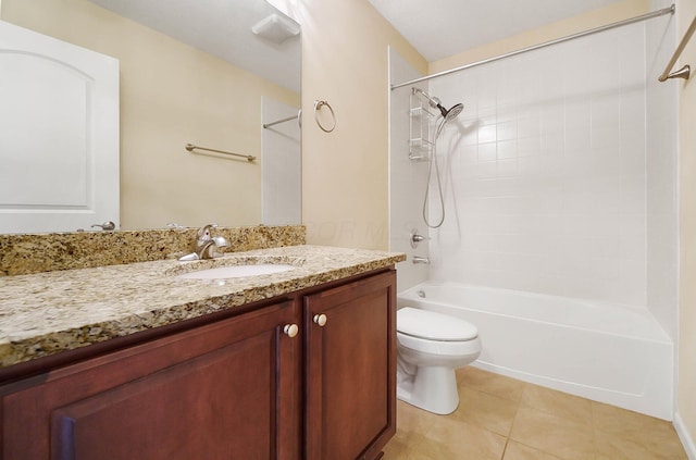 full bath featuring toilet, shower / bath combination, vanity, and tile patterned flooring
