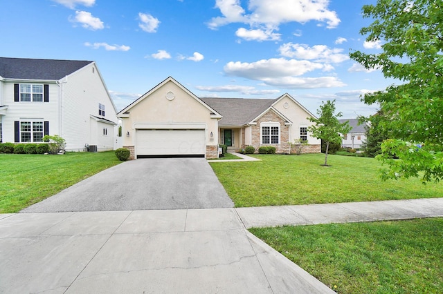 view of front of house featuring driveway, a front lawn, stone siding, and an attached garage