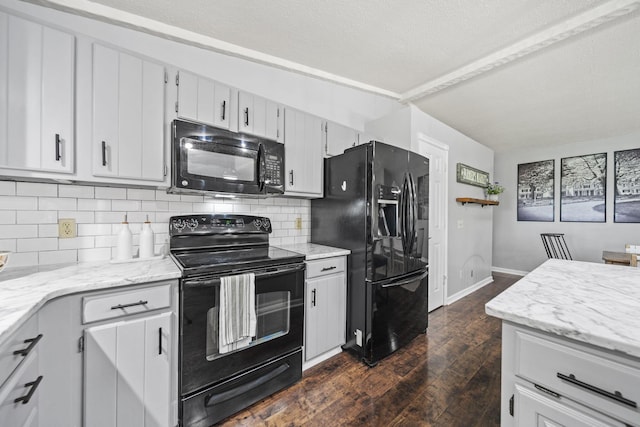 2825 Kings Corners Rd E, Mansfield, OH 44904 - kitchen featuring black appliances, decorative backsplash, baseboards, dark wood-style flooring, and light stone counters