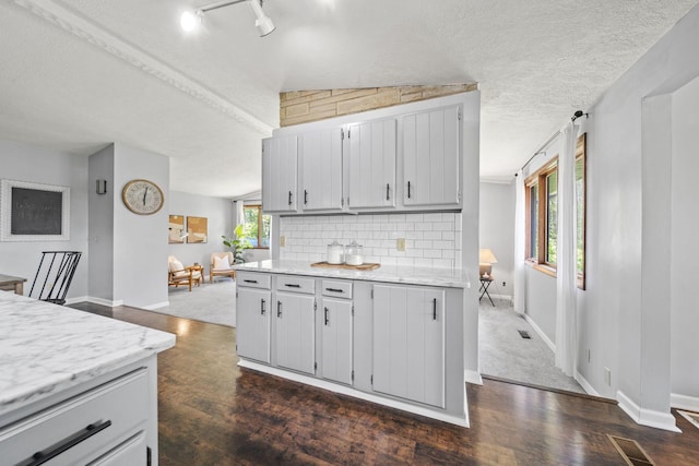 2825 Kings Corners Rd E, Mansfield, OH 44904 - kitchen with dark wood-style flooring, a textured ceiling, healthy amount of natural light, and tasteful backsplash
