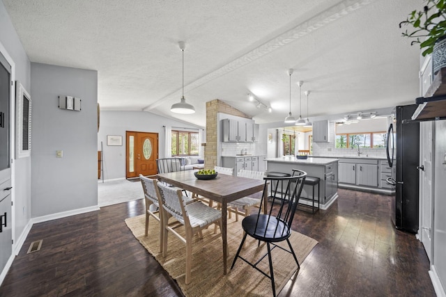 2825 Kings Corners Rd E, Mansfield, OH 44904 - dining space with a textured ceiling, vaulted ceiling, dark wood finished floors, baseboards, and plenty of natural light