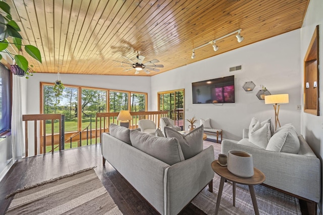 2825 Kings Corners Rd E, Mansfield, OH 44904 - living room featuring wood ceiling, a ceiling fan, wood finished floors, track lighting, and lofted ceiling
